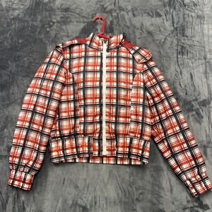 H2J Plaid Puffer Jacket Womens Large Red Black White Faux Fur Hood Y2K Zip Up